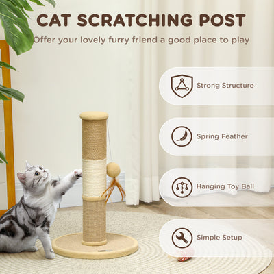 PawHut Cat Scratching Post for Indoor Cats, 47cm Tall Cat Scratcher with Jute Sisal Rope, Hanging Toy Ball, Feather, Brown 