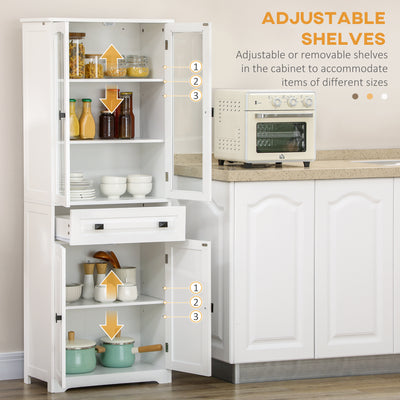 HOMCOM Kitchen Cupboard, Freestanding Storage Cabinet with 2 Adjustable Shelves, Drawer and Glass Door for Living Room, Dining Room, 160cm, White 