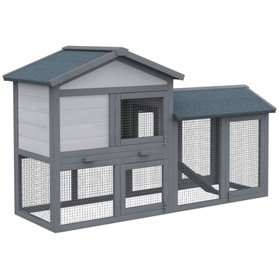 PawHut Wooden Rabbit Hutch Outdoor, Double Tier with Water-Resistant Roof, Ramp 147 x 54 x 84 cm, Grey 