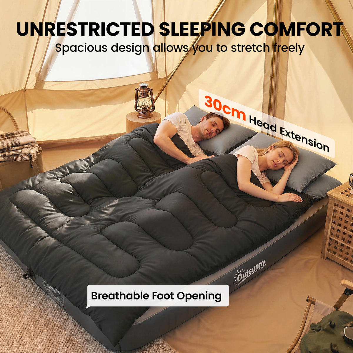 Outsunny Double Sleeping Bag with 2 Pillows, 220 x 160 cm Extra-Large Sleeping Bag for Adults, Black 