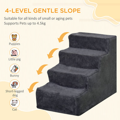 PawHut Four-Step Dog Stairs, with Washable Plush Cover, for High Bed Sofa, Dog Stairs for Small Dog and Cat - Dark Grey 