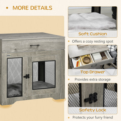 PawHut Dog Cage End Table with Two Doors, Drawer, for Medium Dogs - Grey 