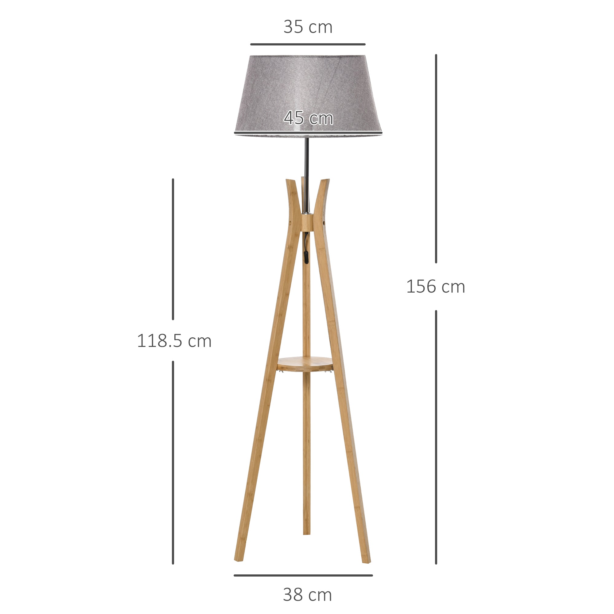 HOMCOM Natural Wood Tripod Floor Lamp Light E27 Base Bedroom Living Room Fabric Shade Storage Shelf Foot Switch, 156cm, Grey 