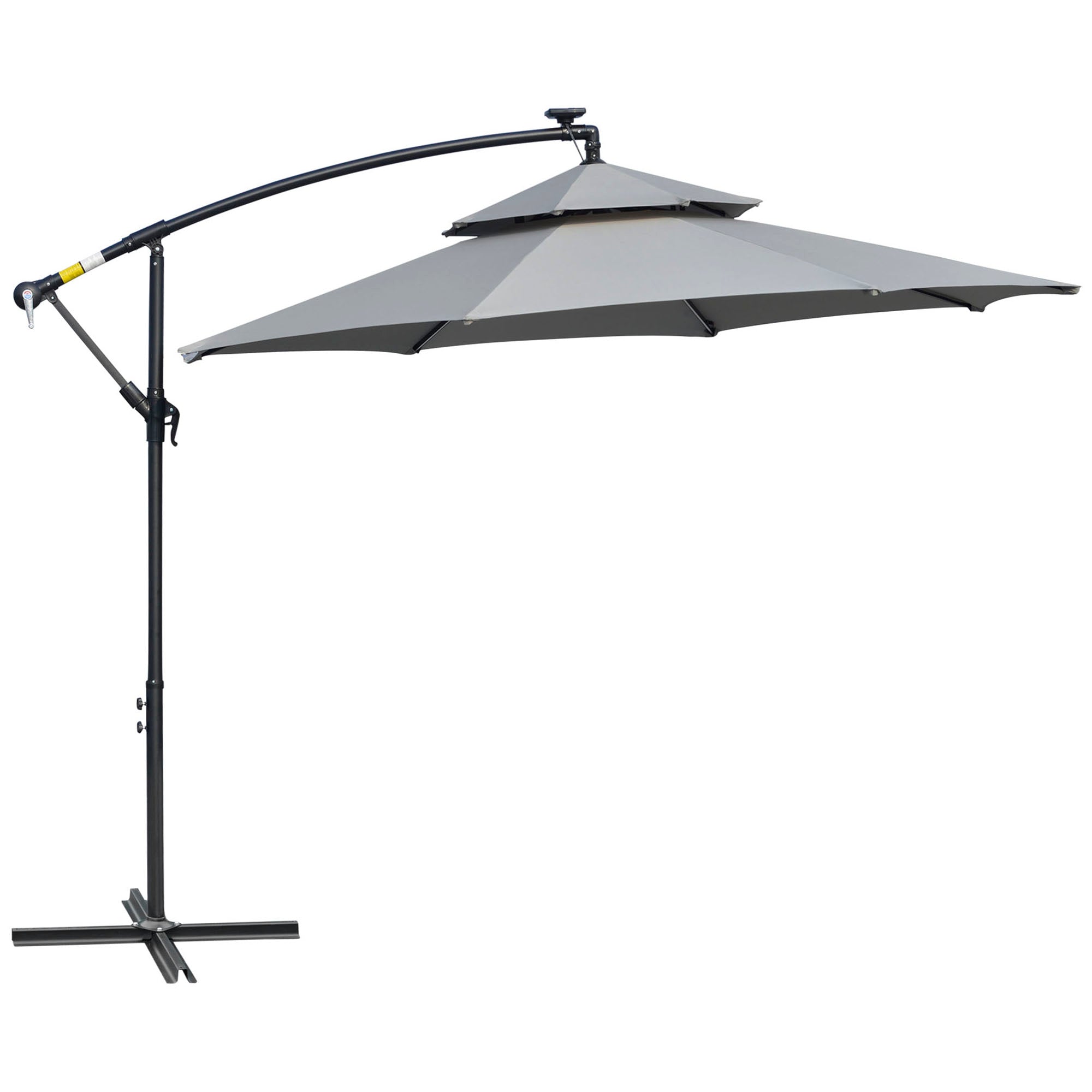 Outsunny 3(m) Cantilever Banana Parasol Hanging Umbrella with Double Roof, LED Solar lights, Crank, 8 Sturdy Ribs and Cross Base for Outdoor, Garden, Patio, Light Grey