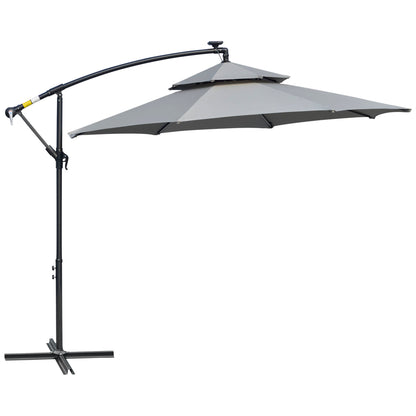 Outsunny 3(m) Cantilever Banana Parasol Hanging Umbrella with Double Roof, LED Solar lights, Crank, 8 Sturdy Ribs and Cross Base for Outdoor, Garden, Patio, Light Grey