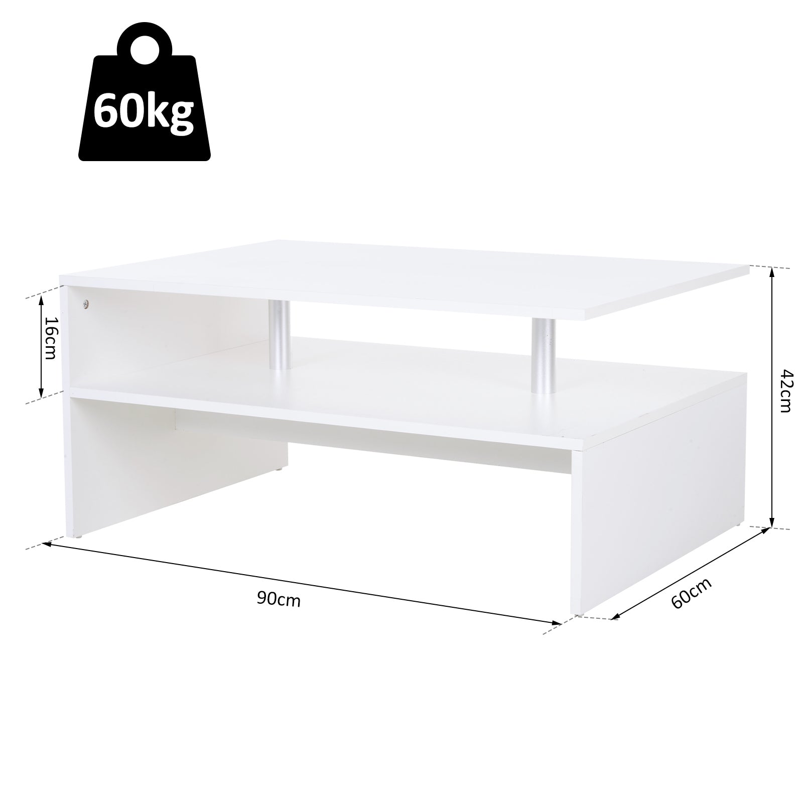 HOMCOM Coffee Table with Storage, 2-Tier Centre Table, Modern Living Room Table with Open Shelf and Aluminium Poles, White 