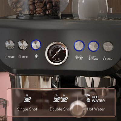 HOMCOM 15 Bar Coffee Machine, with Adjustable Grind, Steamer and Accessories 