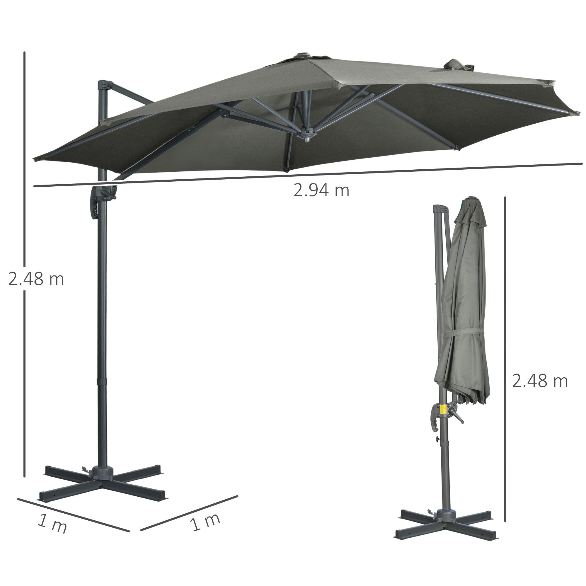 Outsunny 3 x 3(m) Cantilever Parasol with Cross Base, Garden Umbrella with 360\'c2\'b0 Rotation, Crank Handle and Tilt for Outdoor, Patio, Grey