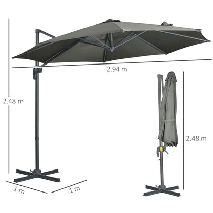 Outsunny 3 x 3(m) Cantilever Parasol with Cross Base, Garden Umbrella with 360\'c2\'b0 Rotation, Crank Handle and Tilt for Outdoor, Patio, Grey