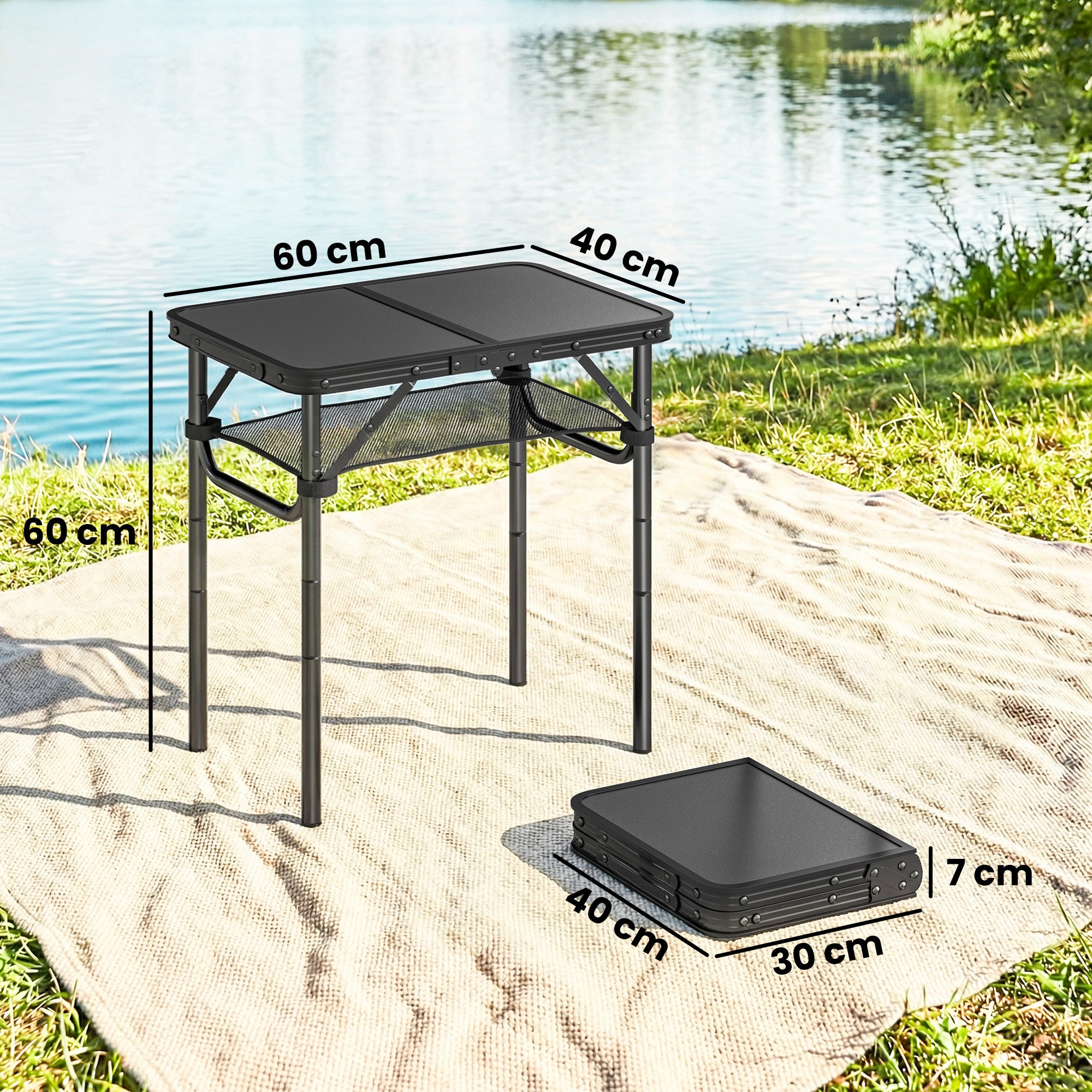 Outsunny 2ft Folding Camping Table, Picnic Table with Mesh Storage Layer, 4 Adjustable Heights and Carrying Handle, Black 