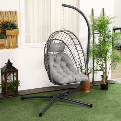 Outsunny Outdoor PE Rattan Swing Chair with Cushion, Garden Foldable Basket Patio Hanging Egg Chair with Metal Stand, Headrest, for Indoor and Outdoor, Light Grey 
