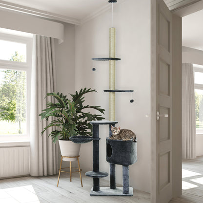 PawHut Floor to Ceiling Cat Tree for Indoor Cats Play Tower Climbing Activity Center Scratching Post Platforms Condo Adjustable Height 220-265cm Dark Grey 
