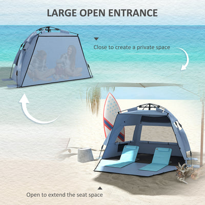Outsunny 2-3 Person Pop Up Beach Tent, UPF15+ Sun Shelter with Extended Floor, Sandbags, Mesh Windows and Carry Bag, Light Blue 