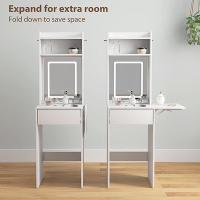 HOMCOM Small Vanity Desk with Mirror and LED Lights, Compact Dressing Table with Drop Leaf, Open Shelves and Drawer, White 
