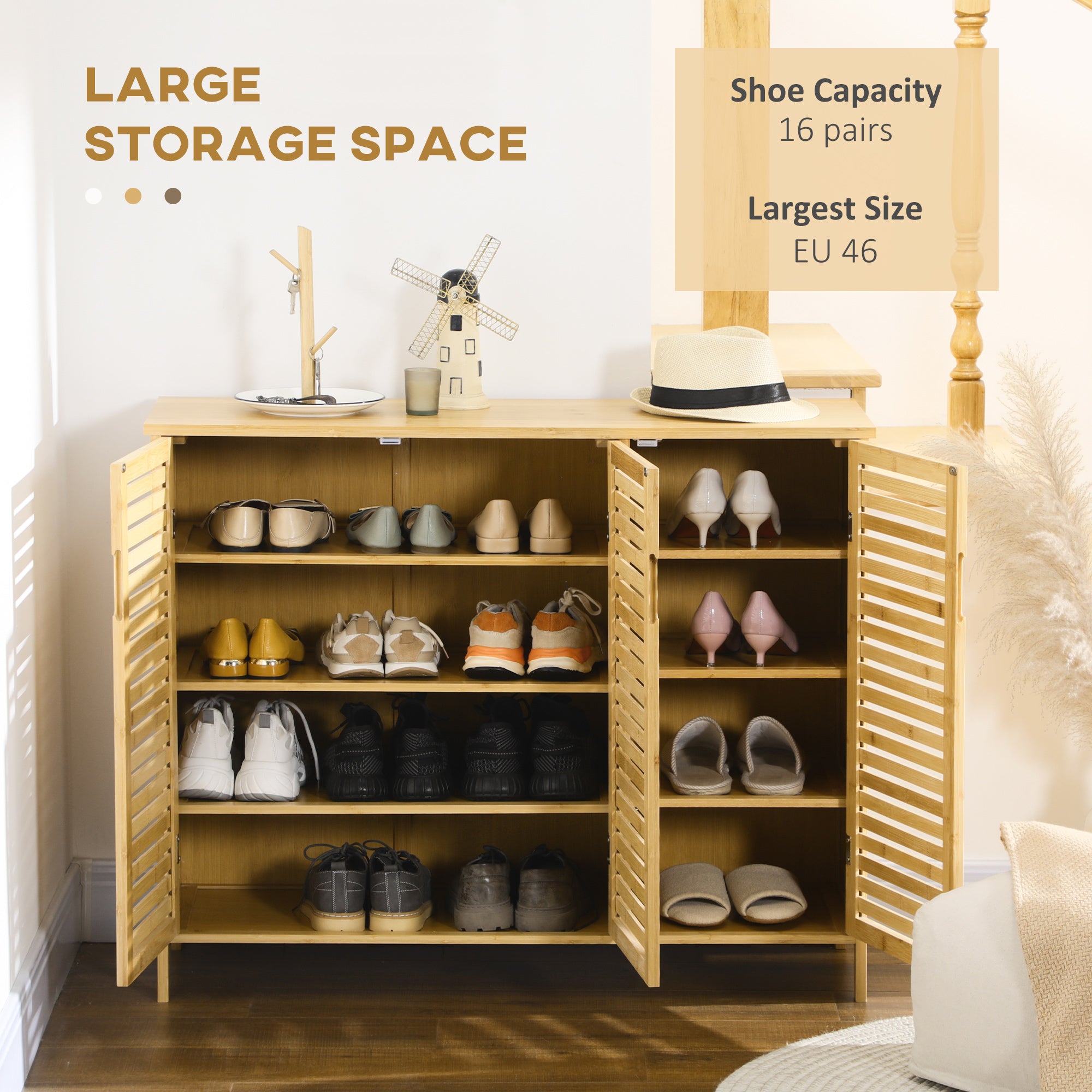 HOMCOM Rustic Shoe Cabinet, 3 Door Shoe Storage Cabinet with 8 Shelves, Natural Wood Finish 