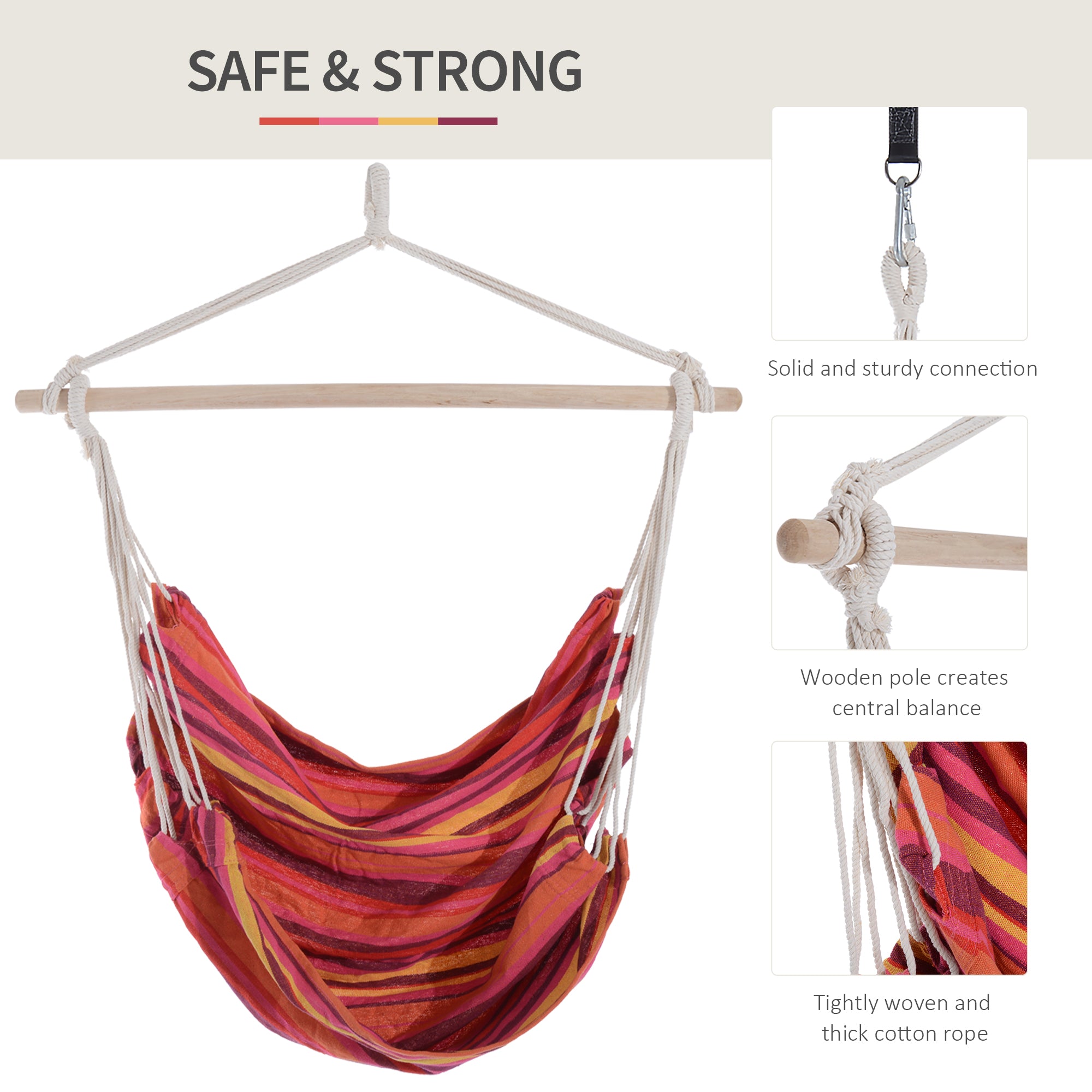 Outsunny Outdoor Hanging Rope Chair with Cotton Rope, Garden Hammock Chair with Wooden Support Bar Cotton Cloth, Portable Garden Chair for Patio & Tree, Red 