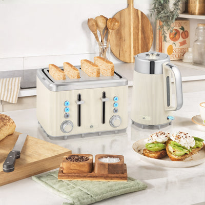 HOMCOM Electric Stainless Steel Kettle and Toaster Set, 3000W 1.7L UK Strix Thermostat Fast Boil Kettle w/ Limescale Filter, Cool Touch Body, 4 Slice Toaster with 7 Browning Levels, Crumb Tray, Cream 
