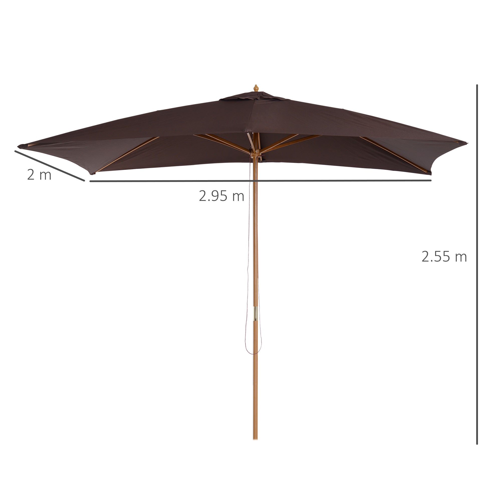 Outsunny 2 x 3m Wooden Garden Parasol Umbrella Outdoor Sun Shade Canopy, Dark Coffee 