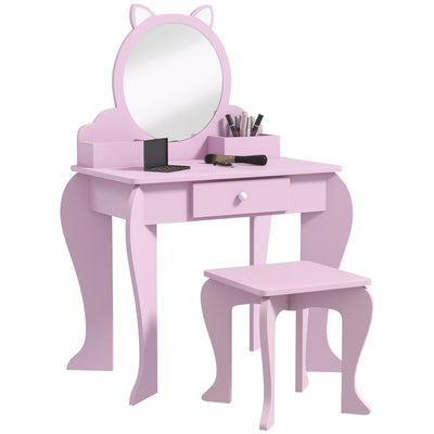 ZONEKIZ Kids Vanity Table with Mirror, Stool, Drawer, Storage Boxes, Cat Design, for Ages 3-6 Years - Pink 