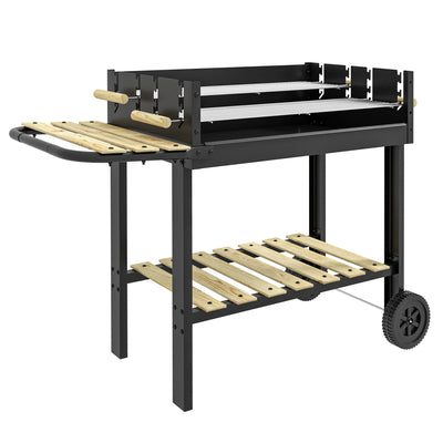 Outsunny Charcoal BBQ Grill, Barbecue Trolley with Double Adjustable Grill, Side Table, Storage Shelf and Wheels for Outdoor Garden Party Cooking, Black 