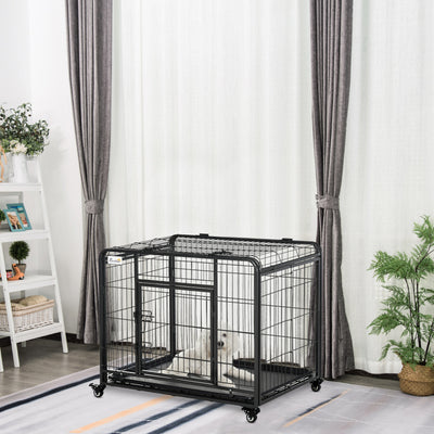 PawHut Metal Dog Cage Kennel Locking Door & Wheels Removable Tray Openable Top For Medium Pets 94 x 58 x 69.5 cm 