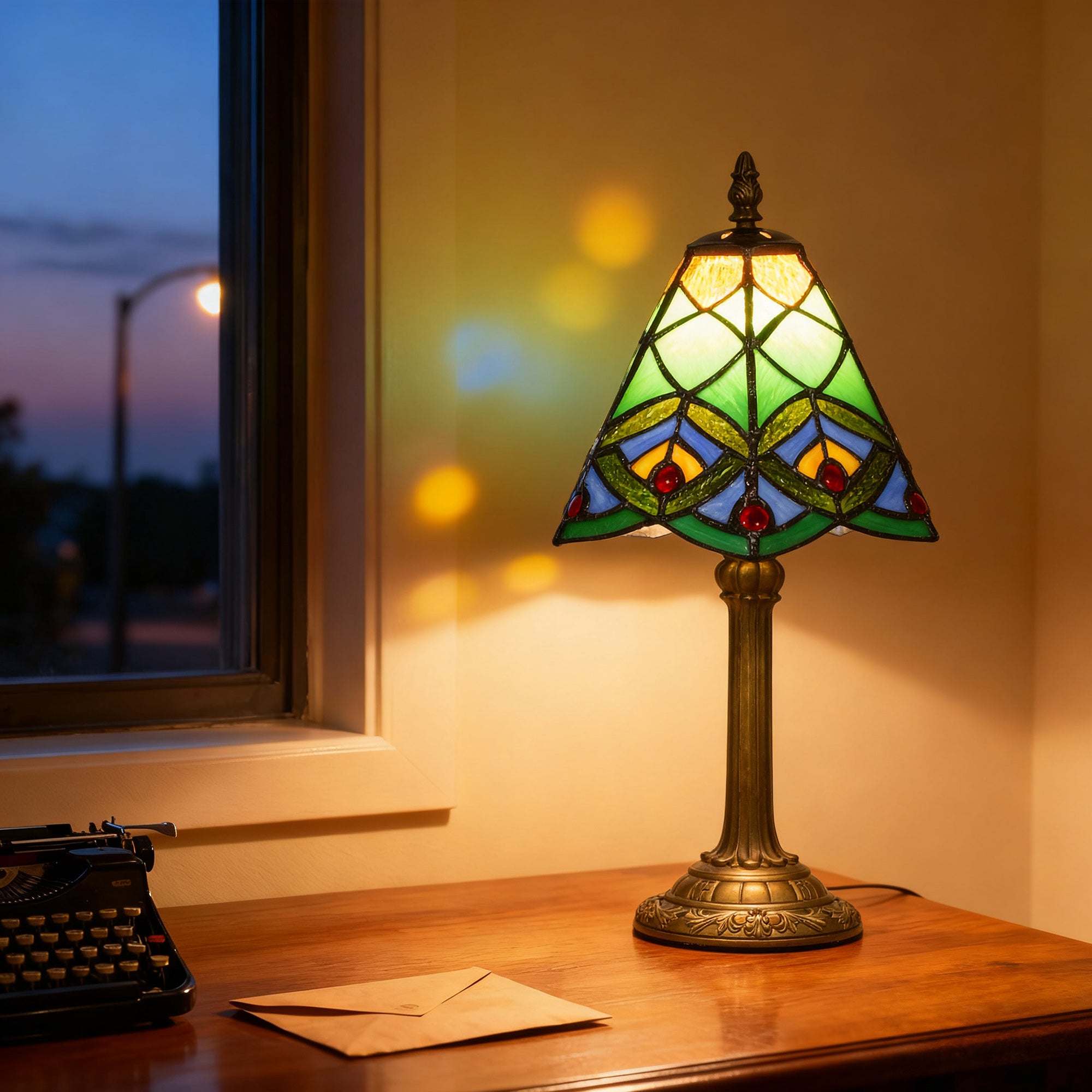 HOMCOM Tiffany-Style Table Lamp with Geometric Patterns, Handcrafted Antique Stained Glass Bedside Lamp for Living Room and Bedroom, E27 Socket, Green 
