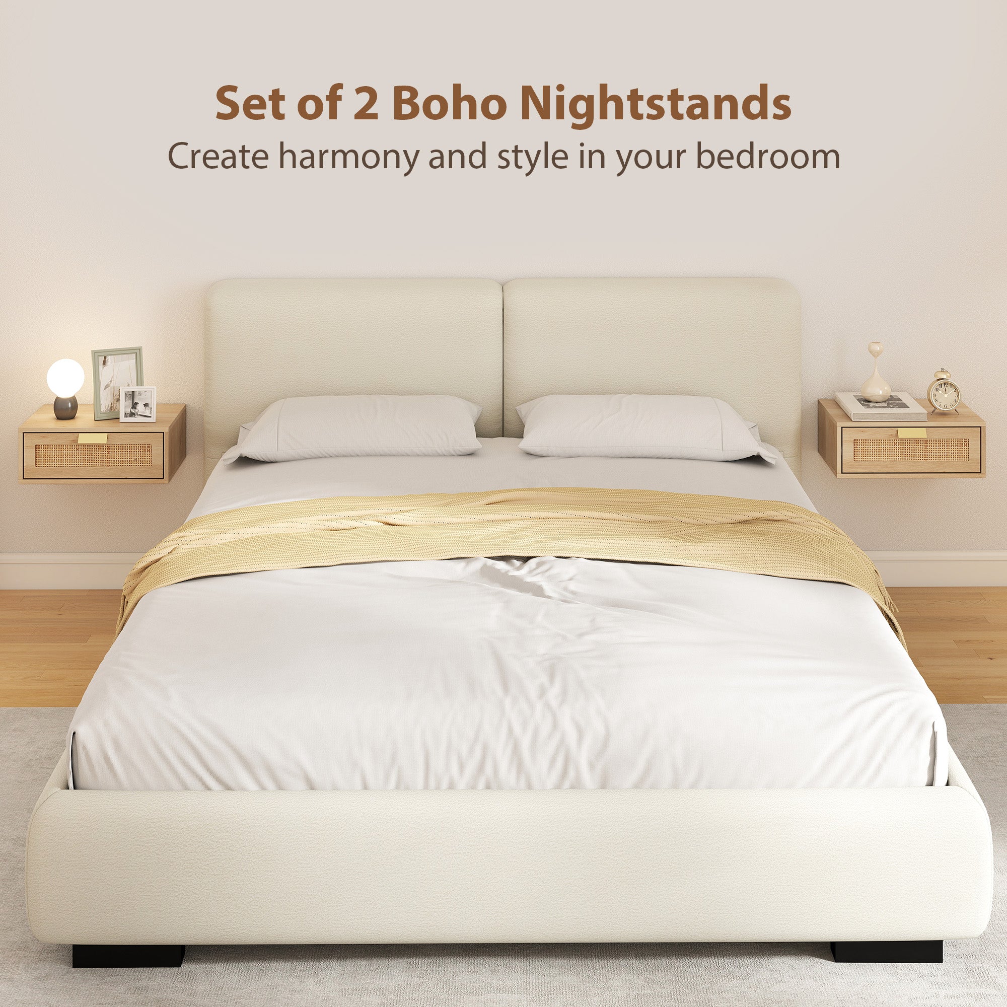 HOMCOM Floating Bedside Tables Set of 2, Wall Mounted Bedside Cabinets with Rattan Drawer and Wood Effect, Oak 