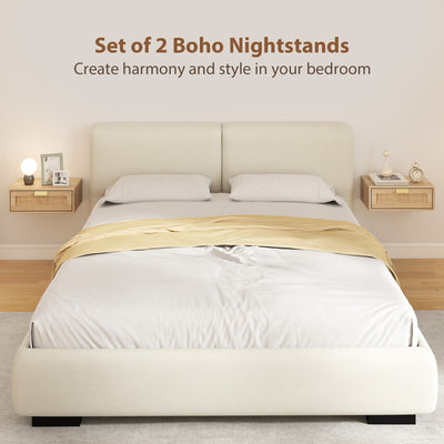 HOMCOM Floating Bedside Tables Set of 2, Wall Mounted Bedside Cabinets with Rattan Drawer and Wood Effect, Oak 