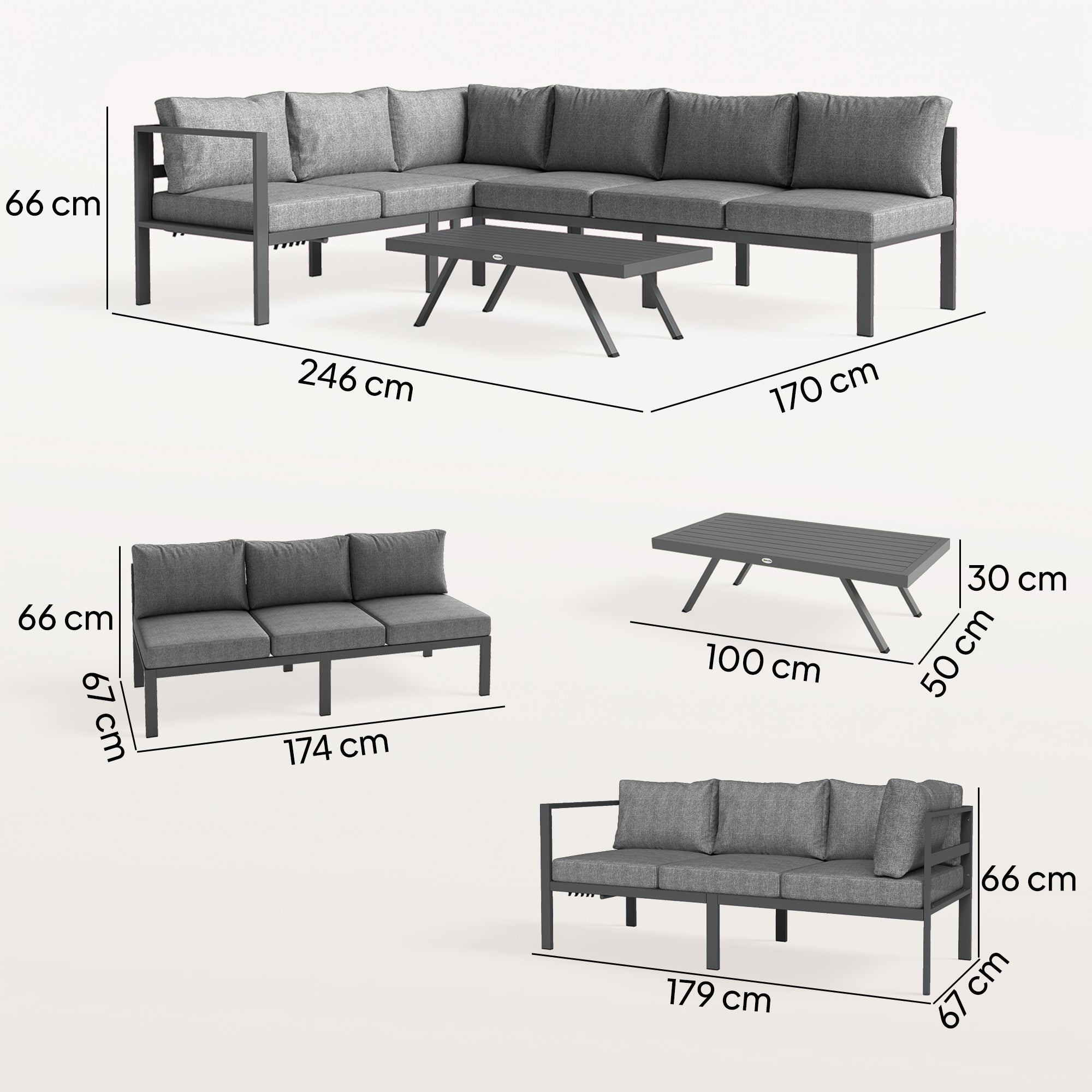 Outsunny 3 Pieces Garden Furniture Set, Aluminium Corner Lounge Set with Adjustable Backrest and Coffee Table 