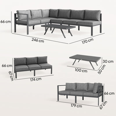 Outsunny 3 Pieces Garden Furniture Set, Aluminium Corner Lounge Set with Adjustable Backrest and Coffee Table 
