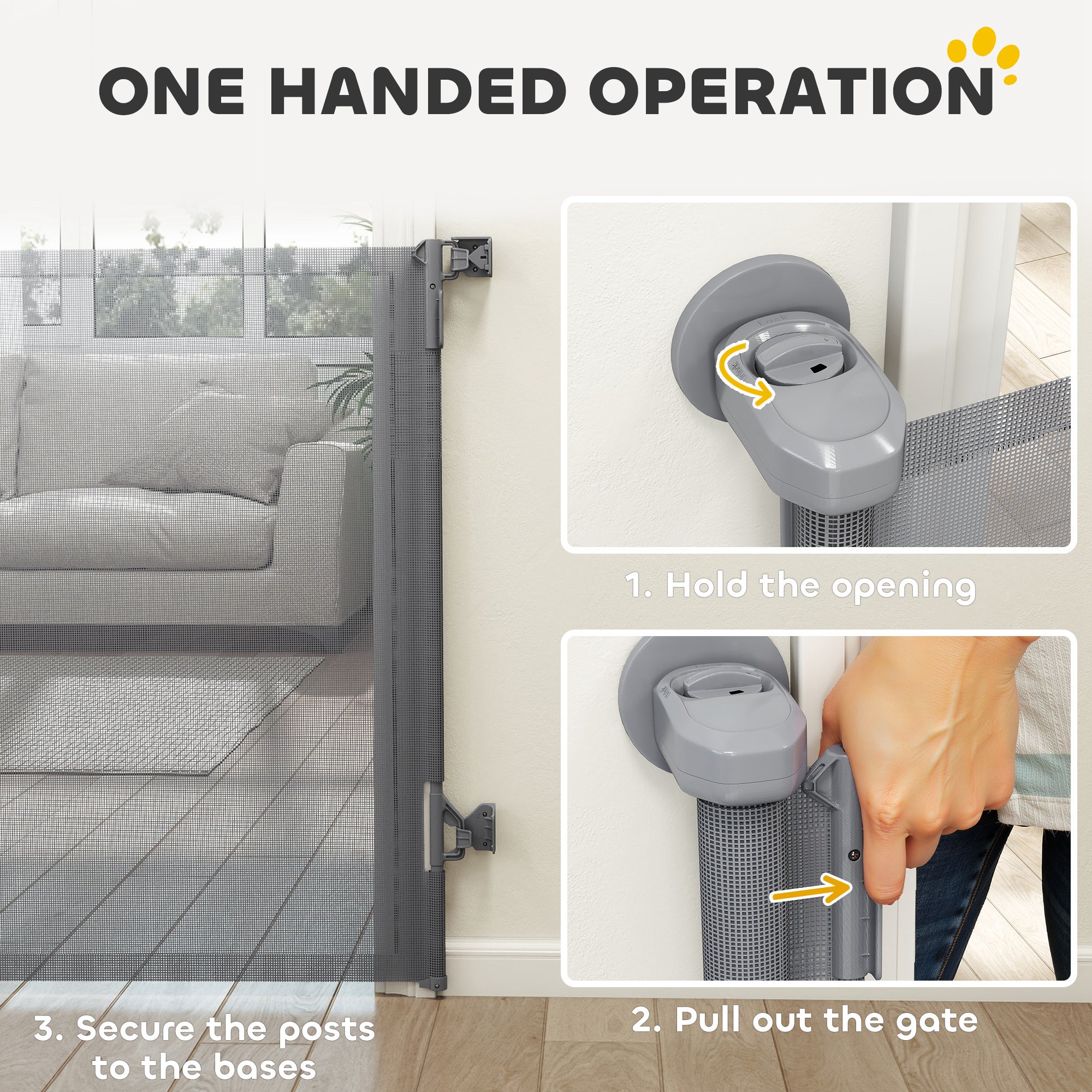 PawHut Retractable Dog Gate, Extends to 140 cm Wide & 93 cm Tall, Mesh Pet Gate with Single Hand Operation, for Stairs Doorways 