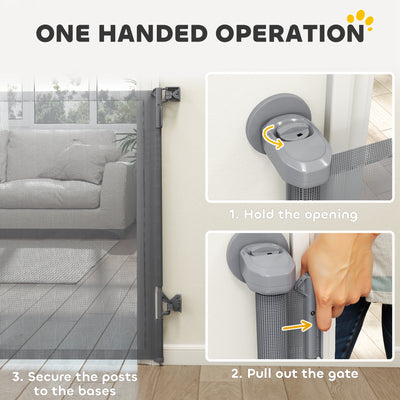 PawHut Retractable Dog Gate, Extends to 140 cm Wide & 93 cm Tall, Mesh Pet Gate with Single Hand Operation, for Stairs Doorways 