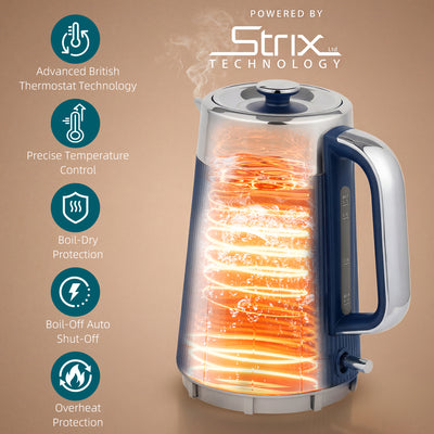 HOMCOM Electric Stainless Steel Kettle and Toaster Set, 3000W 1.7L UK Strix Thermostat Dark Blue 
