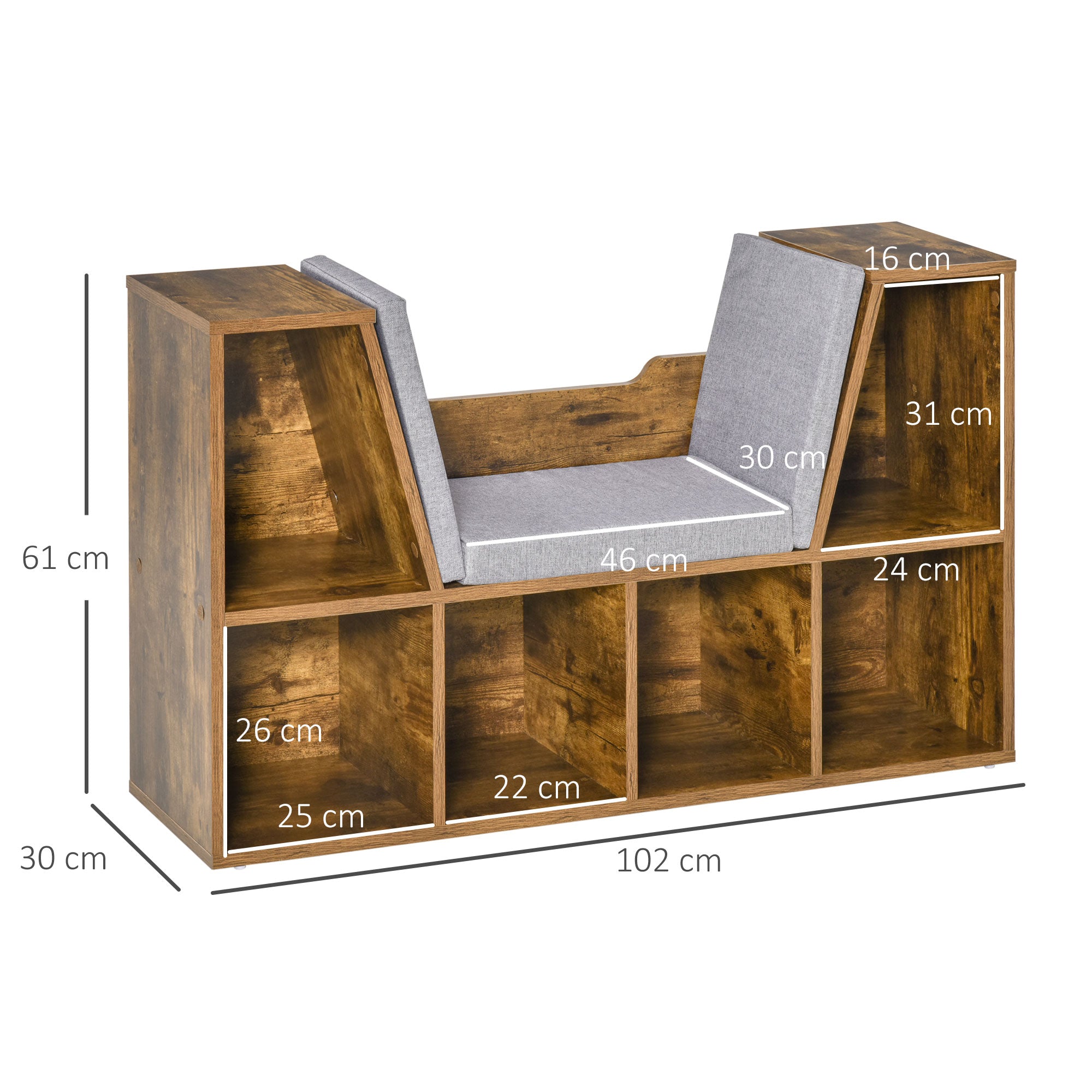 HOMCOM Bookcase Storage Shelf with Cushioned Reading Seat, Cube Bookshelf Organizer for Bedroom Living Room, Rustic Brown 