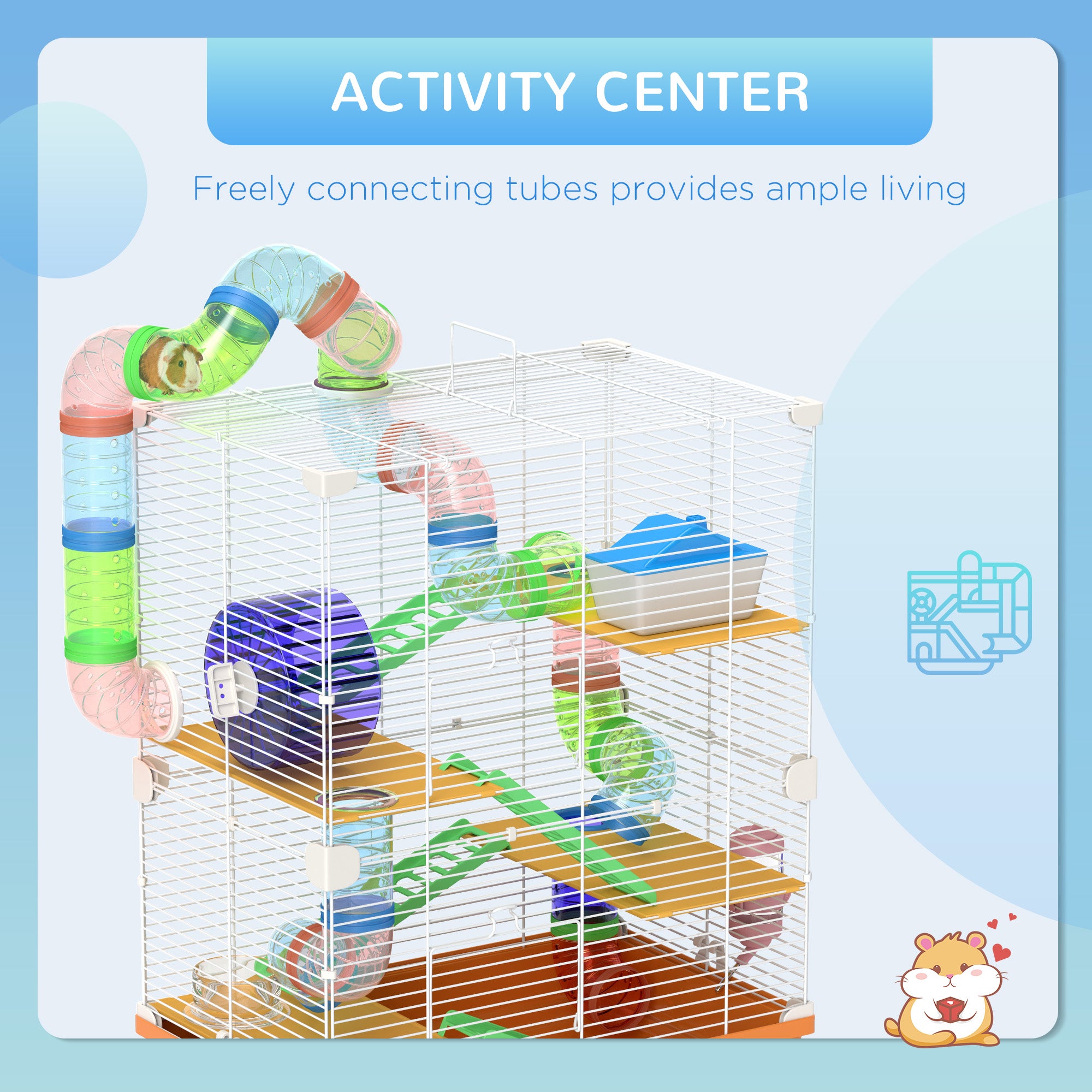 PawHut 5 Tier Hamster Cage Carrier Habitat w/ Exercise Wheels, Tunnel, Orange 