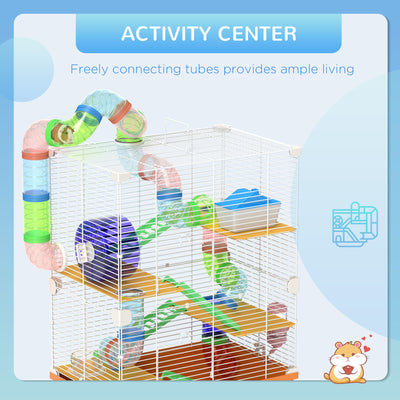 PawHut 5 Tier Hamster Cage Carrier Habitat w/ Exercise Wheels, Tunnel, Orange 