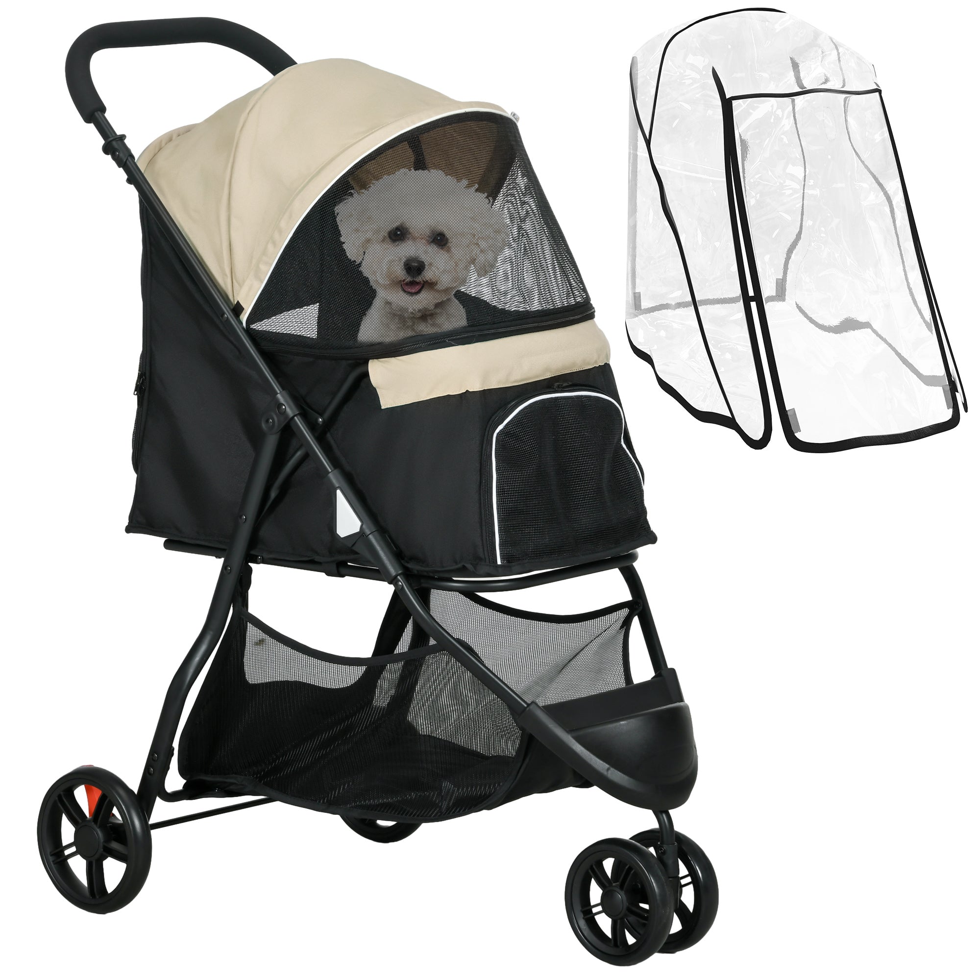 PawHut Foldable Pet Stroller w/ Rain Cover, for XS Dogs, S Dogs - Khaki 