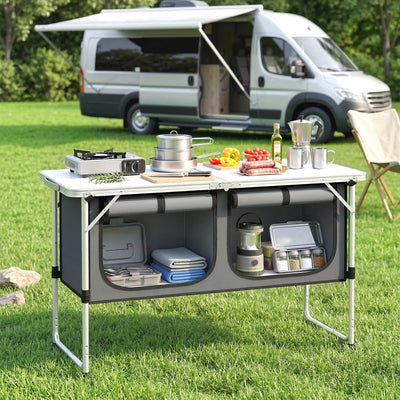 Outsunny Camping Cupboards Folding Portable Aluminium Camp Cook Station with Storage Cupboard for Outdoor BBQ 