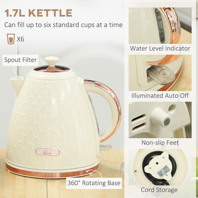 HOMCOM 1.7L 3000W Fast Boil Kettle & 2 Slice Toaster Set, Kettle and Toaster Set with Auto Shut Off, Browning Controls, Beige 