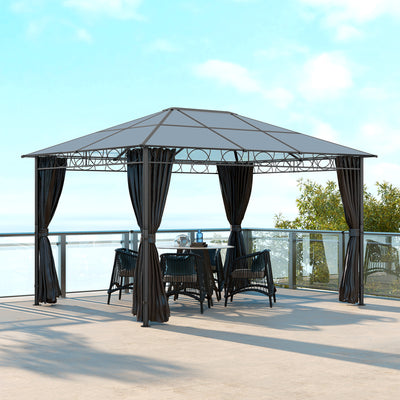 Outsunny Hardtop Gazebo Garden Pavilion with UV Resistant Polycarbonate Roof, Curtains, Steel & Aluminium Frame, 3 x 4m, Grey 