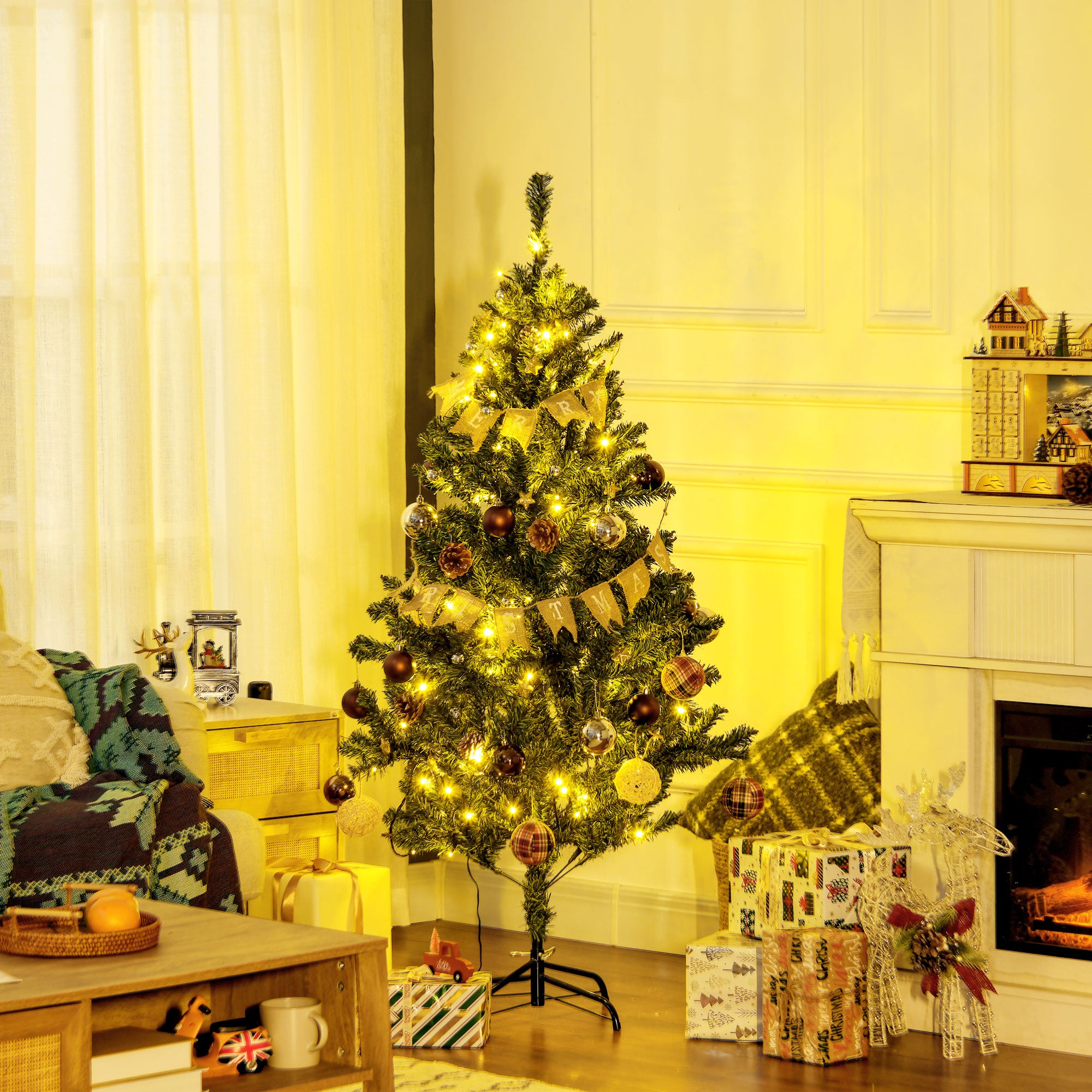 HOMCOM 5' Artificial Prelit Christmas Trees Holiday D\'c3\'a9cor with Warm White LED Lights, Decoration, Banner, Tag, Ball