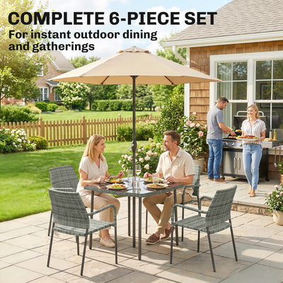 Outsunny 4 Seater Rattan Dining Set with Parasol, 6 Piece Garden Table and Stackable Chairs with Tempered Glass Tabletop 