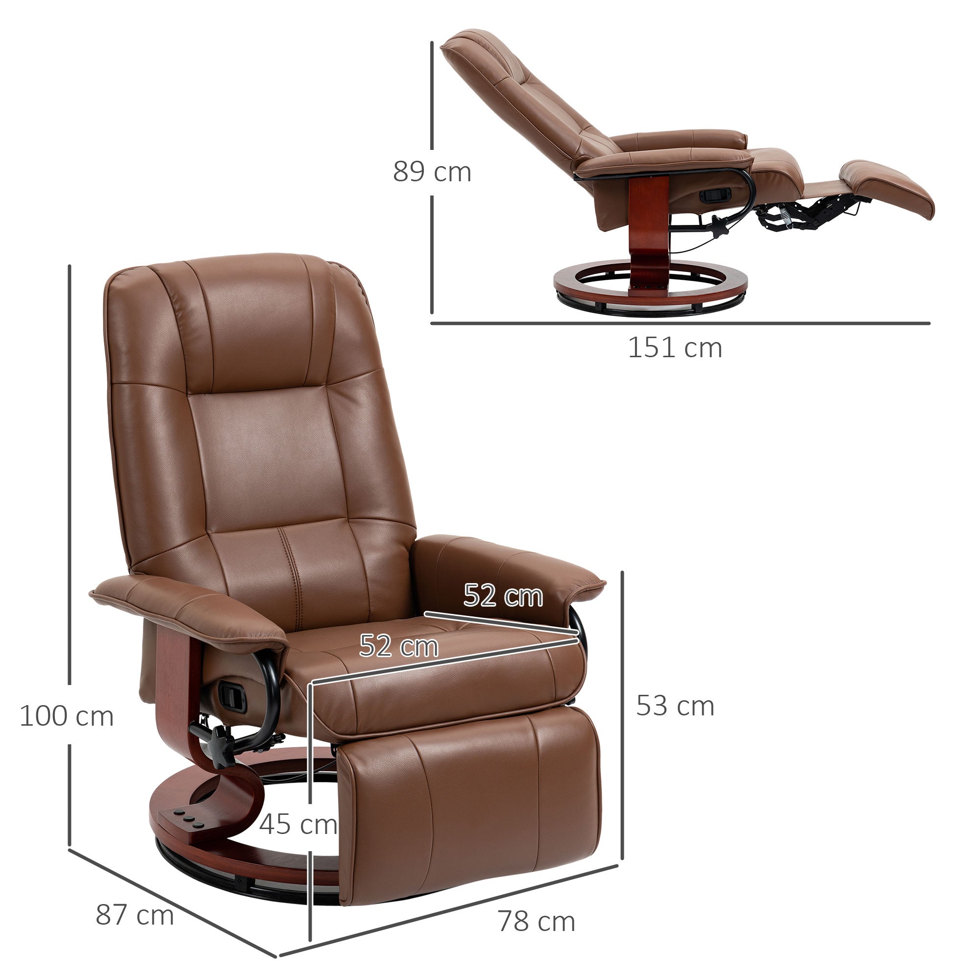 HOMCOM Faux Leather Armchair, with 145\'c2\'b0 Reclining Back and Footrest - Brown