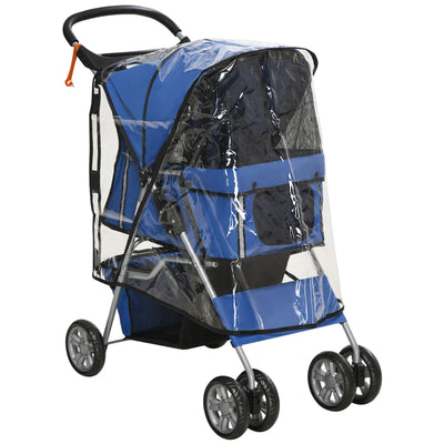 PawHut Dog Stroller with Rain Cover for Small Miniature Dogs, Folding Pet Pram with Cup Holder, Storage Basket, Reflective Strips, Blue 