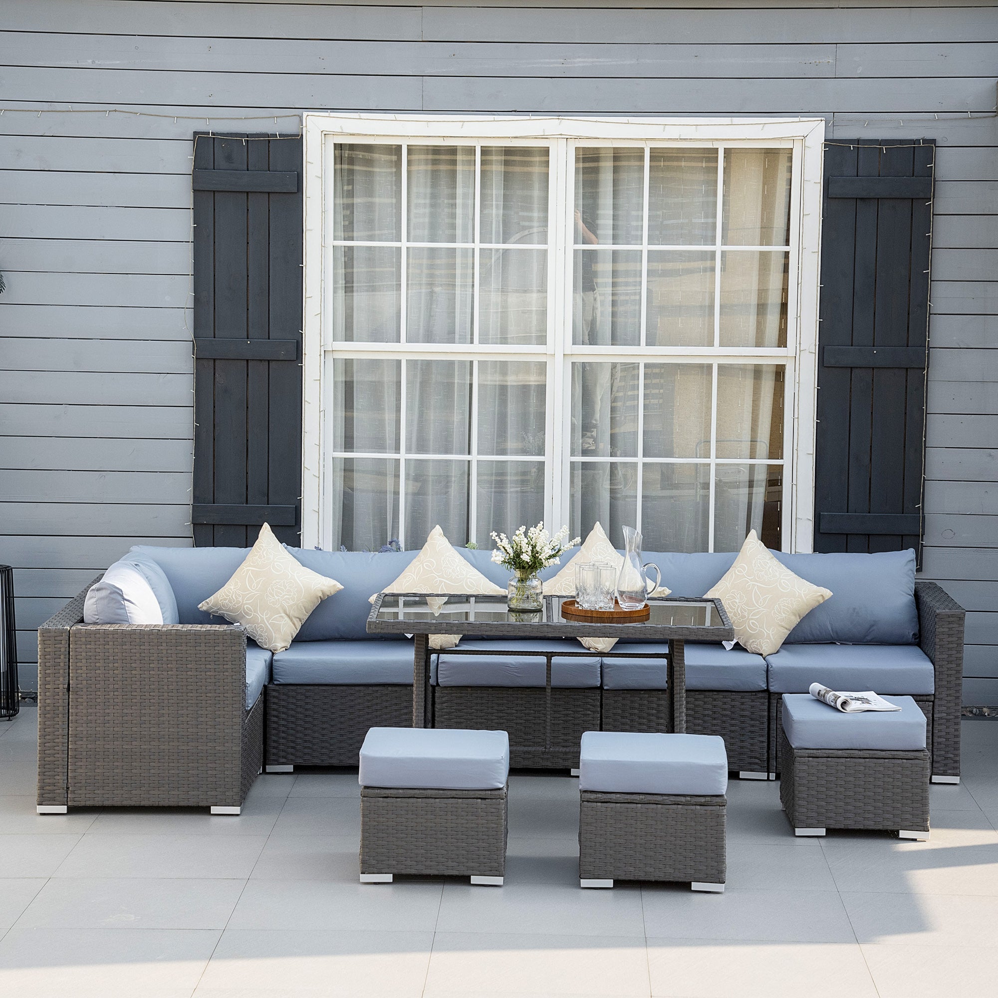 Outsunny 9-Seater Garden Rattan Furniture 10 Pcs Rattan Corner Dining Sofa Set, Grey/Dusty Blue Cushion 
