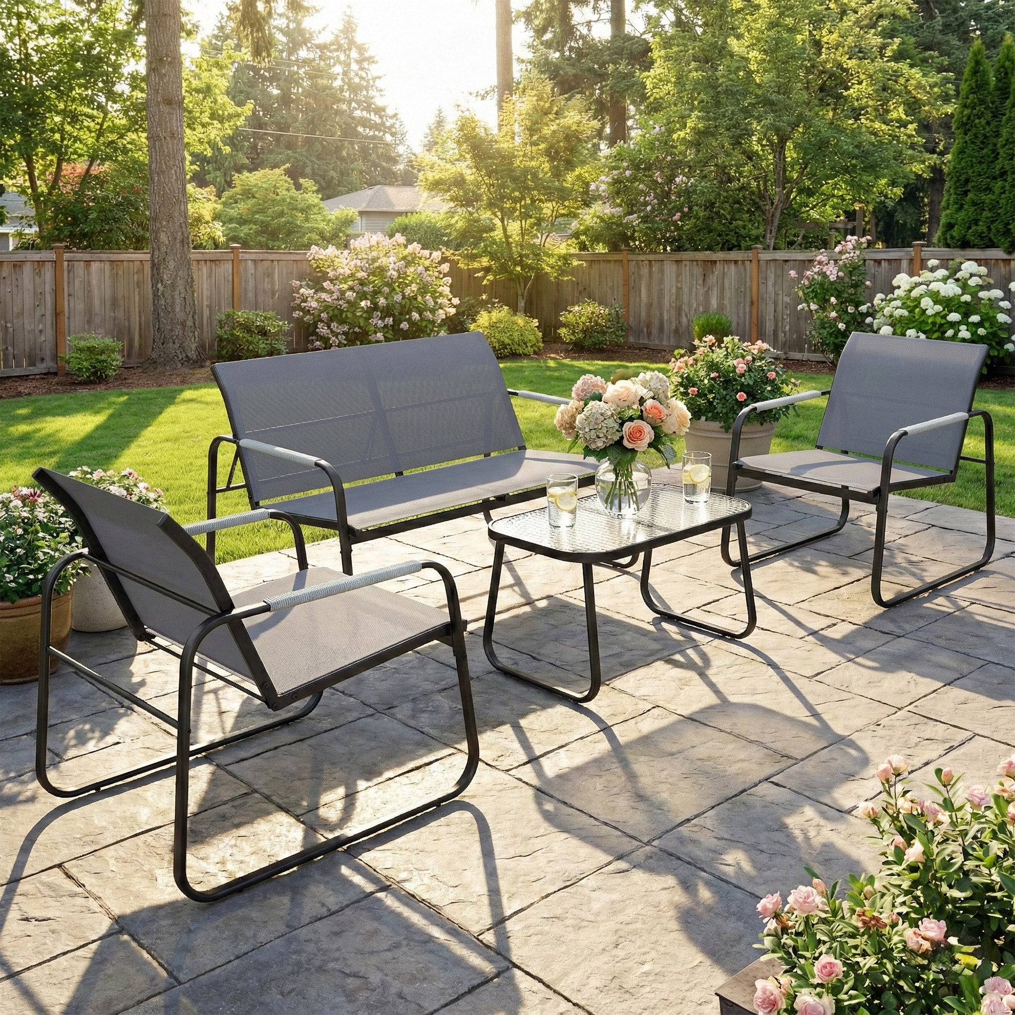 Outsunny 4 Piece Garden Furniture Set, Garden Sofa Set with Loveseat, 2 Armchairs, Tempered Glass Table for Balcony, Grey 