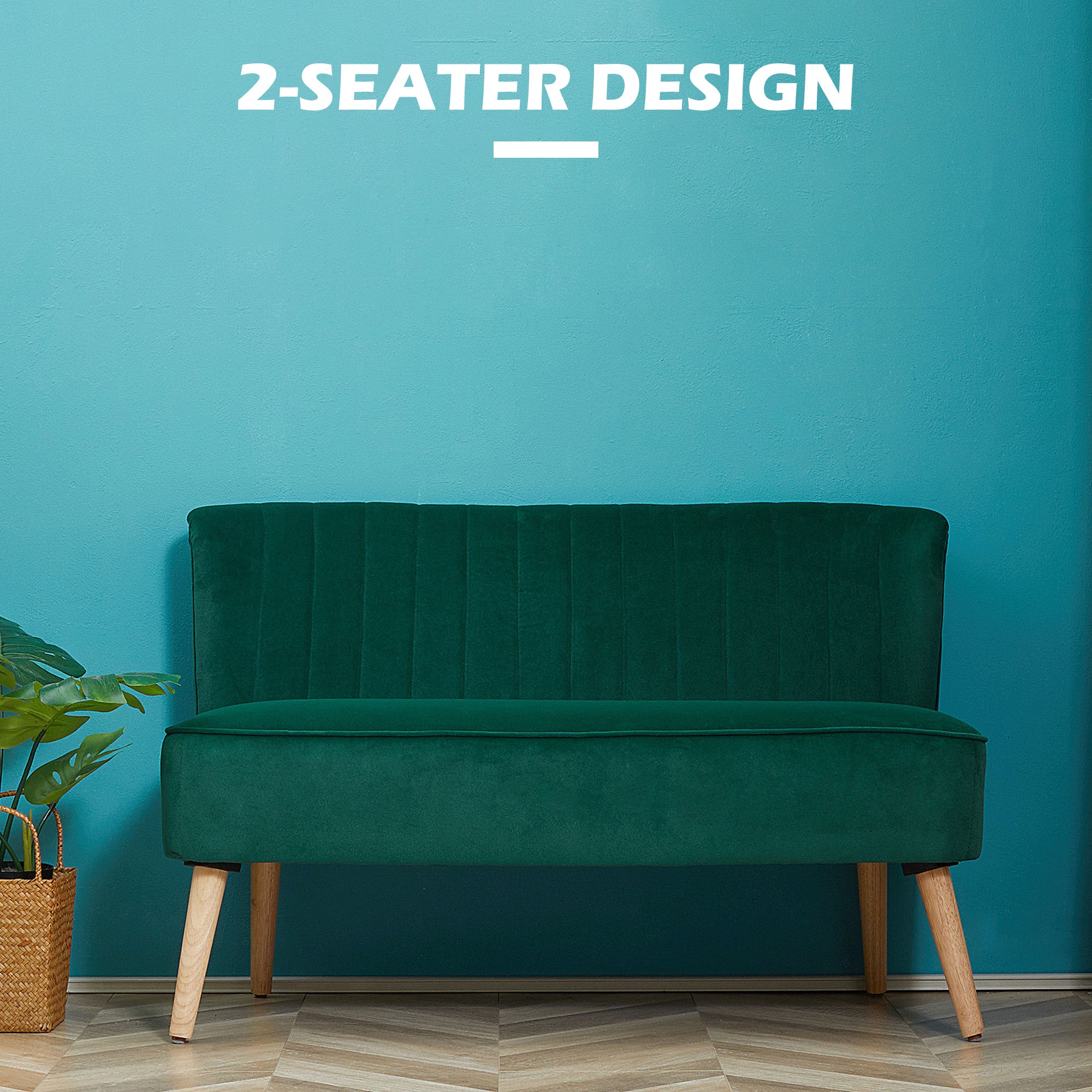 HOMCOM Modern Velvet Double Seat Sofa w/ Wood Frame Foam Padding High Back Soft Comfortable Compact Couch Green