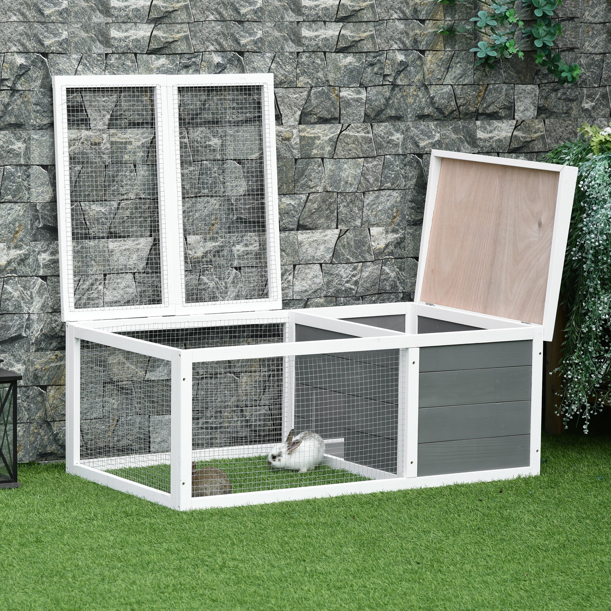 PawHut Rabbit Hutch Guinea Pig Hutch Wooden Small Animal Cage Rabbit Run Duck House with Openable Roof for Indoor Outdoor 115 x 66 x 47.5 cm 