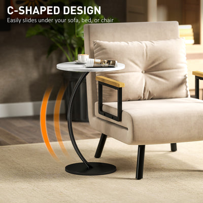 HOMCOM C Shaped Side Table, Round Bedside Table with Marble Effect Top, Modern Coffee Table Sofa End Table with Metal Frame for Living Room Bedroom Office, White 