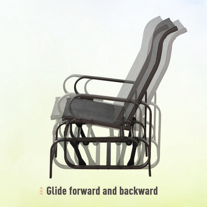 Outsunny 3 Pieces Garden Gliding Chair Set, Metal Frame 2 Single Armchair Swing Seater and 1 Glass Top Coffee Table w/ Breath Mesh Fabric Seat, Brown 